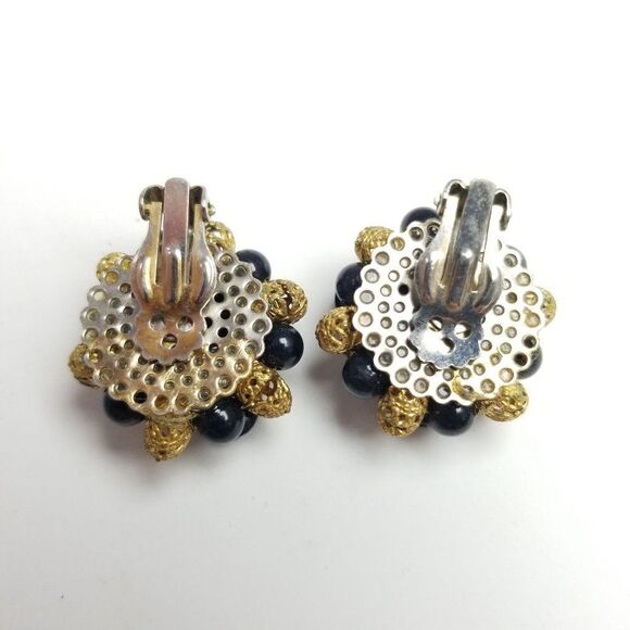 Vintage Retro Black Beaded Cluster Clip On Earrings, Retro Estate - Picture 4 of 6